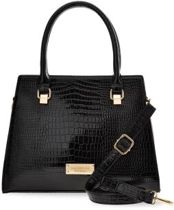 Monnari Premium elegancka torba damska klasyczny duży lakierowany kuferek torebka aktówka wzór skóry croco - czarna