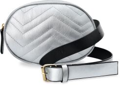 Pikowana saszetka damska elegancka nerka biodrówka torebeczka na pas - srebrny