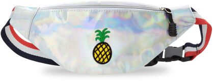 MŁODZIEŻOWA NERKA BIODRÓWKA HOLOGRAFICZNA SASZETKA DAMSKA Z KOLOROWYM PASKIEM I APLIKACJĄ - ANANAS - SREBRNY