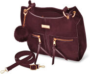 Klasyczna torba torebka kuferek shopper bag z pomponem welur zamsz - bordowa - 2