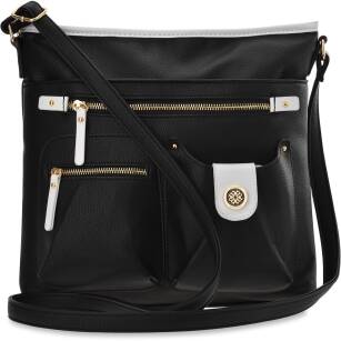MONNARI TORBA DAMSKA CROSSBODY DUŻA POJEMNA LISTONOSZKA Z KIESZONKAMI SHOPPER NA DŁUGIM PASKU - CZARNA Z BIAŁYM