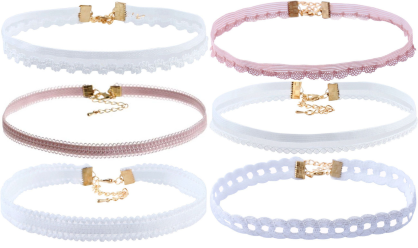 ZESTAW 6 SZTUK CHOKER DAMSKI NASZYJNIK CELEBRYTKA TATOO KORONKA NA SZYJĘ BOHO - BIAŁY Z RÓŻOWYM