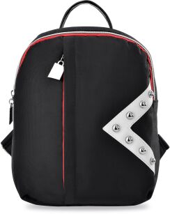 Modny plecak damski z kolorowym zamkiem i geometryczną naszywką z jetami - czarny