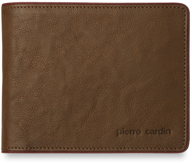 Poziomy portfel męski PIERRE CARDIN skóra naturalna - brązowy z bordową lamówką