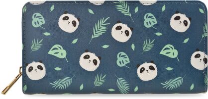 KOLOROWY DUŻY PORTFEL DAMSKI Z NADRUKIEM POJEMNA PORTMONETKA KOPERTÓWKA NA ZAMEK PRINT PANDA LIŚCIE MONESTERA PALMY - GRANATOWY