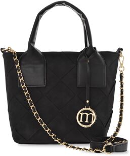 MONNARI MATOWA NUBUKOWA TOREBKA DAMSKA Z CIEKAWYM PLECIONYM PANELEM KUFEREK SHOPPER Z LOGO - CZARNA