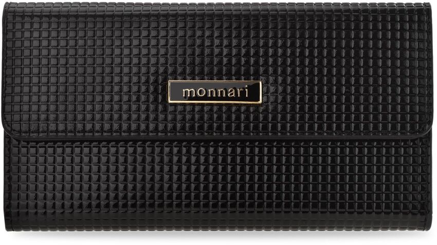 MONNARI elegancki lakierowany portfel damski duży skórzany z tłoczonym wzorem 3d + pudełko na prezent - czarny