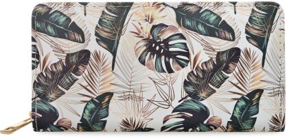Kolorowy duży portfel damski z nadrukiem pojemna portmonetka kopertówka na zamek print tropikalny botaniczny wzór liście palma monstera - biały