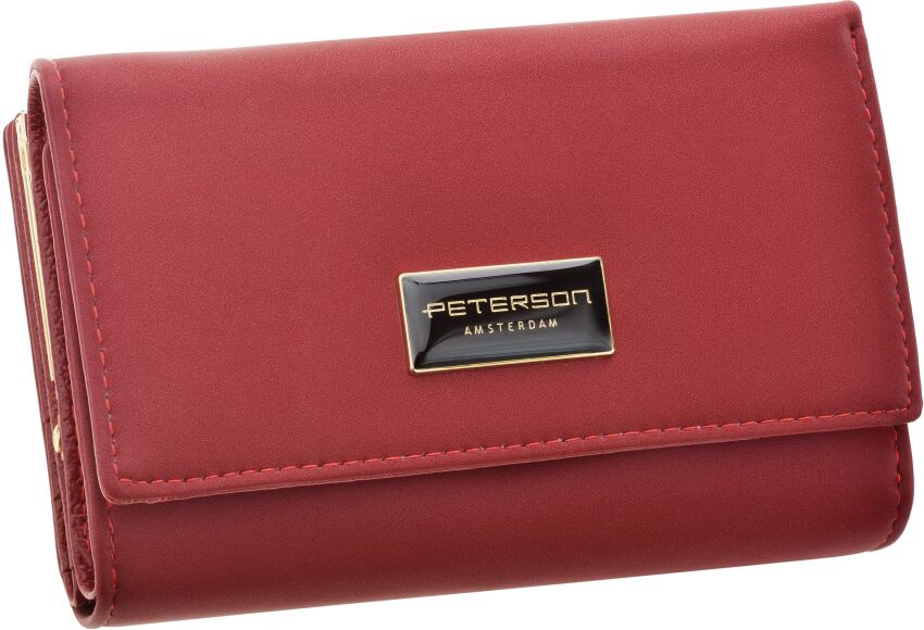 Elegancki portfel damski skórzany Peterson czerwony z biglem pojemny RFID - czerwony