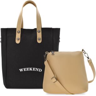 ZESTAW 2W1 BAWEŁNIANA TOREBKA EKO SHOPPER LNIANA MIEJSKA TORBA WOREK + LISTONOSZKA NA RAMIĘ - CZARNA Z BEŻOWYM